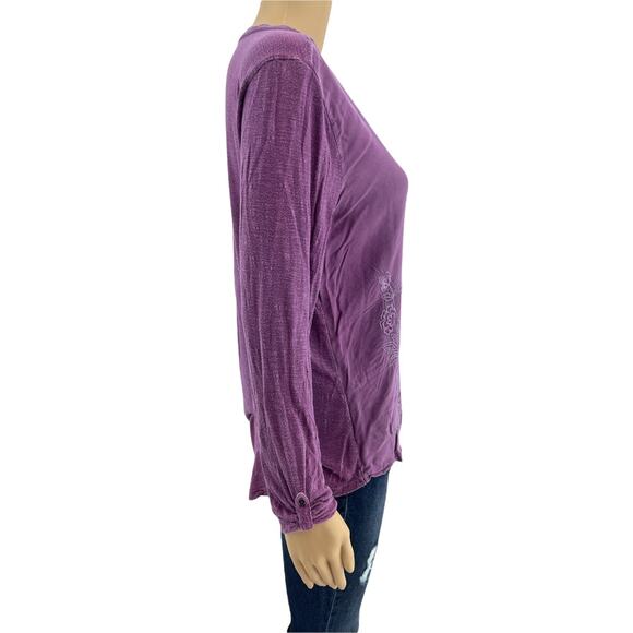Sonoma (M) Purple Floral Embroidered Roll-Tab Sleeve Henley Tee Shirt - Picture 5 of 8